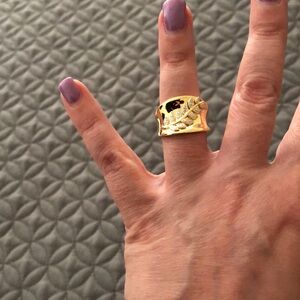 Leaf Design Ring -White Diamond 14k Gold Over Bronze